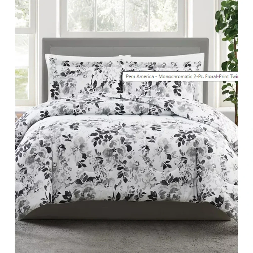 Pem America, Black and White 2-Pc. Floral-Print Twin Comforter Set